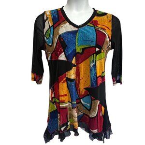 Lior Paris Multicolor Abstract Artsy Tunic Top Sz Large 3/4 Sleeves Art to Wear